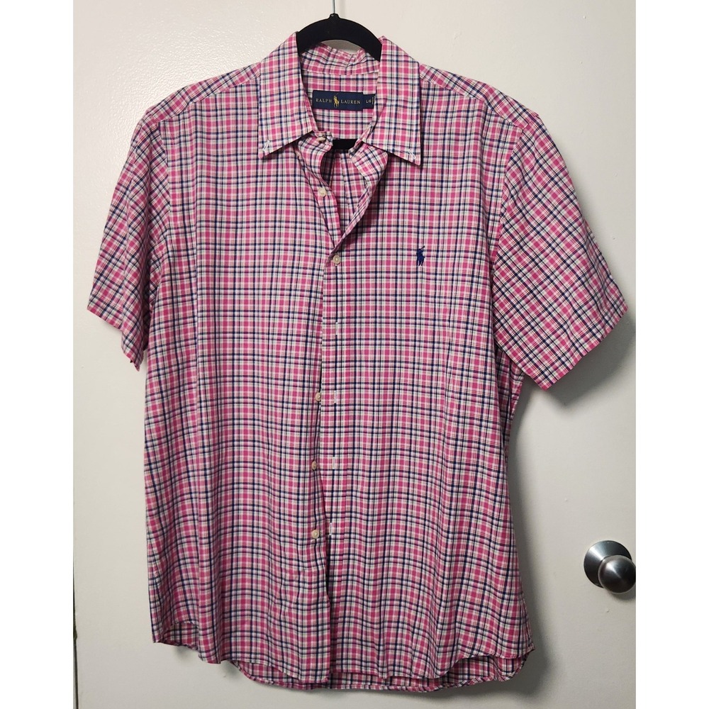 Ralph Lauren Men's Large Short Sleeve Pink Check Button Up Blue Embroidered Pony